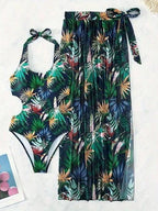 Conjunto Maiô Frente Única Com Saia Pareô Folhagem Resort