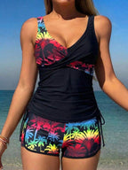 Tankini Com Short Decote V Transpasse Estampado Alças Largas