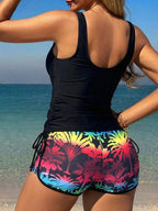 Tankini Com Short Decote V Transpasse Estampado Alças Largas