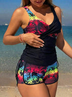 Tankini Com Short Decote V Transpasse Estampado Alças Largas