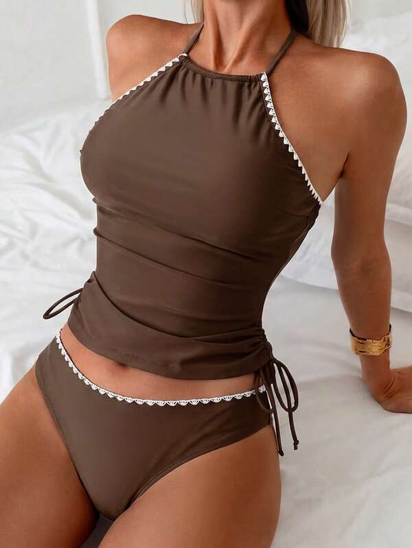 Tankini Decote Alto Frente Única Com Amarração Lateral