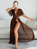 Saída De Praia Vestido Longo Transparente Com Franjas