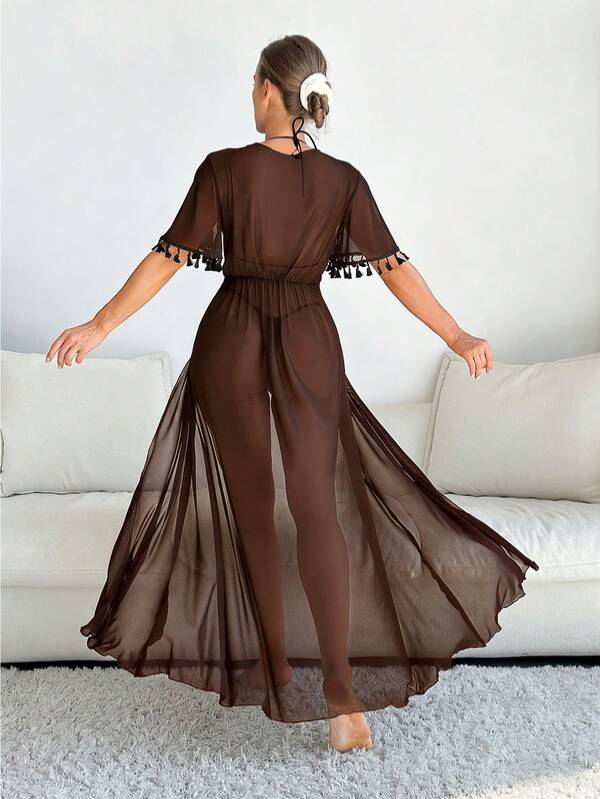 Saída De Praia Vestido Longo Transparente Com Franjas