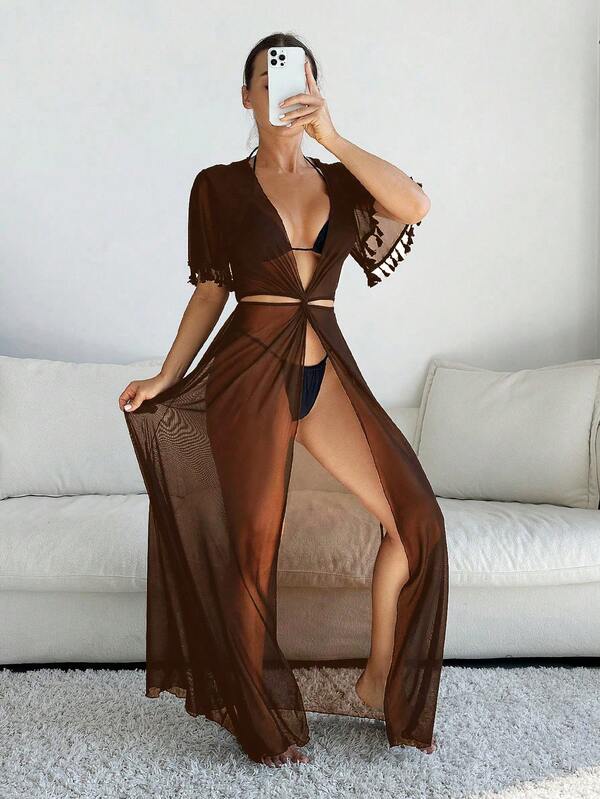 Saída De Praia Vestido Longo Transparente Com Franjas