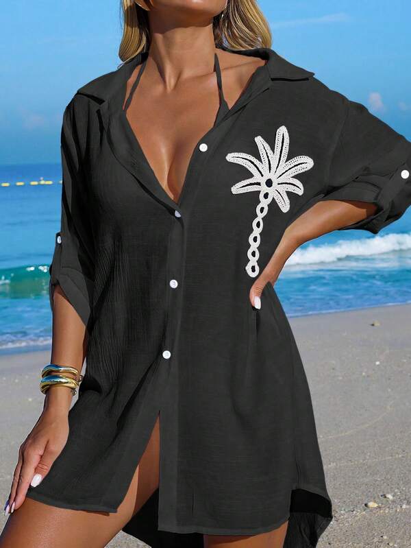 Saída De Praia Chemise Leve Com Bordado Tropical