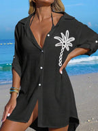 Saída De Praia Chemise Leve Com Bordado Tropical