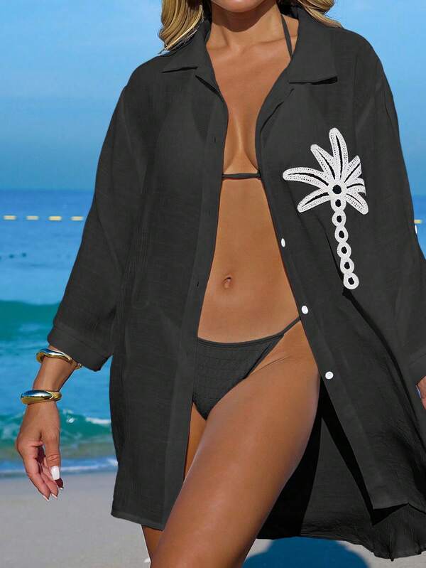 Saída De Praia Chemise Leve Com Bordado Tropical