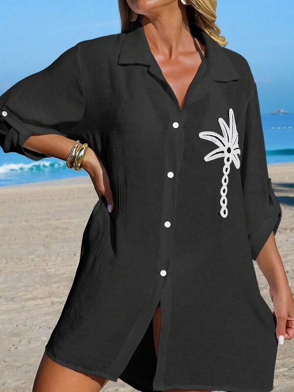 Saída De Praia Chemise Leve Com Bordado Tropical