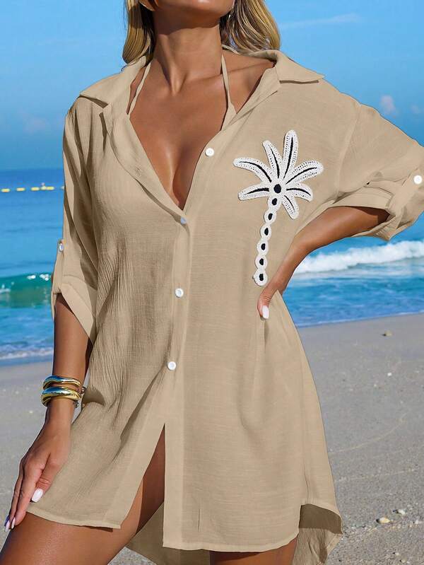 Saída De Praia Chemise Leve Com Bordado Tropical