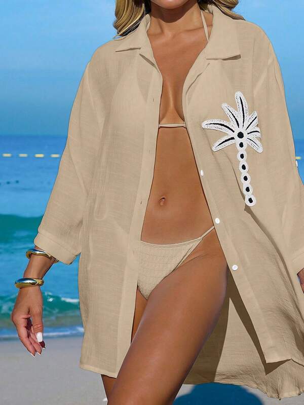 Saída De Praia Chemise Leve Com Bordado Tropical