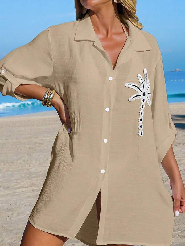 Saída De Praia Chemise Leve Com Bordado Tropical