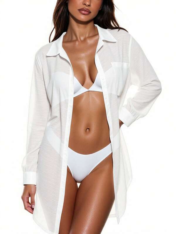 Saída De Praia Chemise Oversized Texturizada Com Bolso