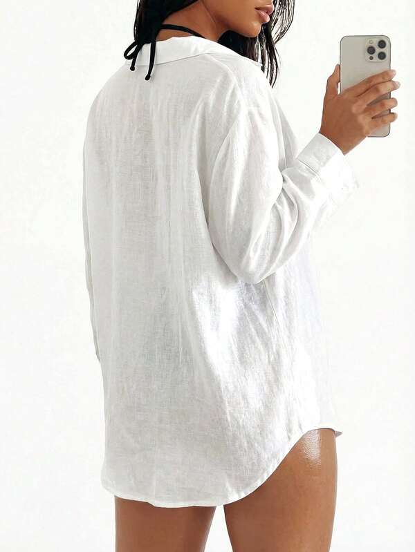 Saída De Praia Chemise Oversized Texturizada Com Bolso