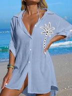 Saída De Praia Chemise Leve Com Bordado Tropical