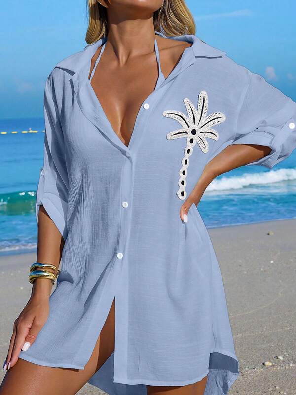 Saída De Praia Chemise Leve Com Bordado Tropical