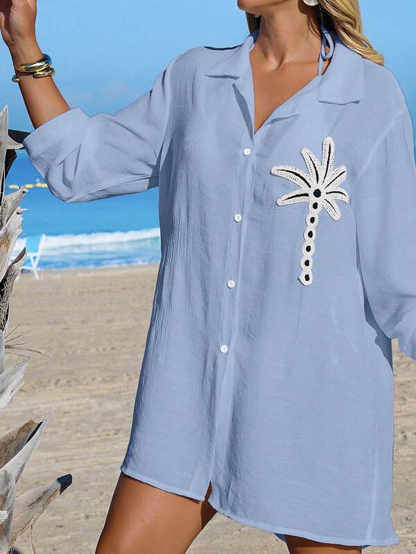 Saída De Praia Chemise Leve Com Bordado Tropical
