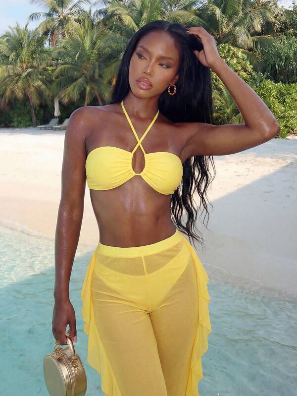 Conjunto Biquíni Tomara Que Caia Calça Pantalona Com Babados