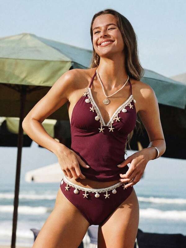 Tankini Frente Única Decote V Com Aviamento Conchas