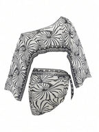 Saída De Praia Conjunto Estampado Um Ombro Só Com Pareô