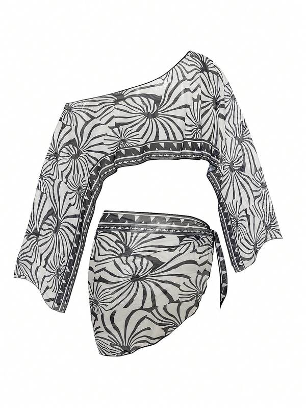 Saída De Praia Conjunto Estampado Um Ombro Só Com Pareô