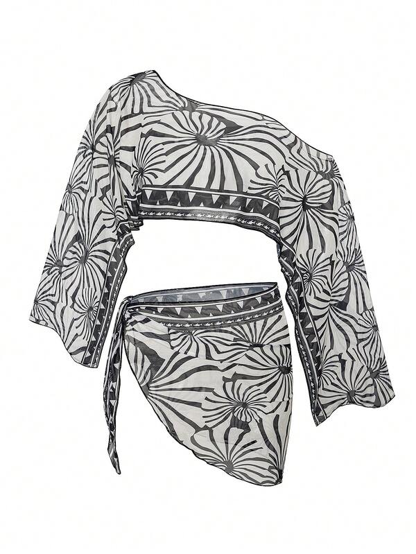 Saída De Praia Conjunto Estampado Um Ombro Só Com Pareô