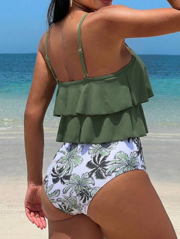 Tankini Babado Duplo Alças Ajustáveis Calcinha Estampada