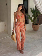 Conjunto Biquíni Cortininha Com Calça Pantalona Listrada