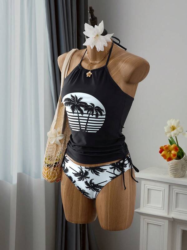 Tankini Frente Única Com Amarração Estampa Tropical
