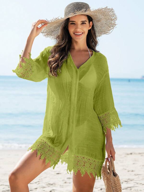 Saída De Praia Chemise Leve Com Renda E Botões