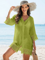 Saída De Praia Chemise Leve Com Renda E Botões