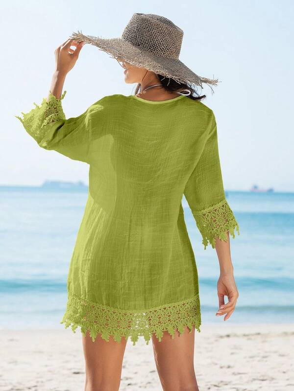 Saída De Praia Chemise Leve Com Renda E Botões