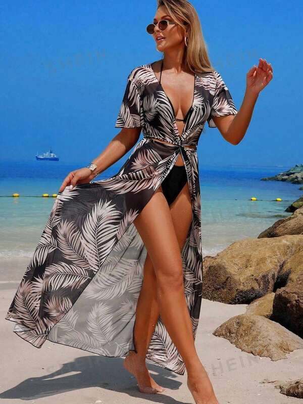 Saída De Praia Vestido Longo Estampado Com Amarração