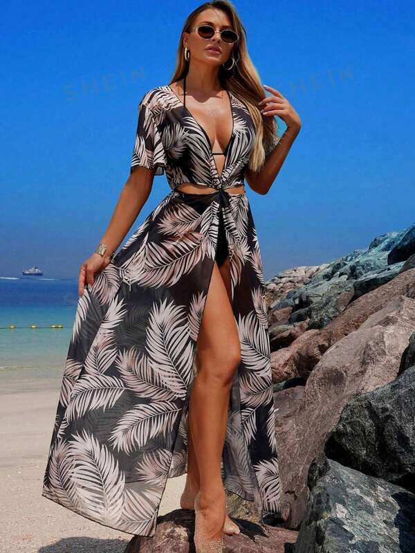 Saída De Praia Vestido Longo Estampado Com Amarração