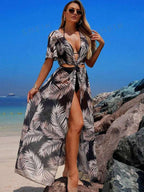 Saída De Praia Vestido Longo Estampado Com Amarração