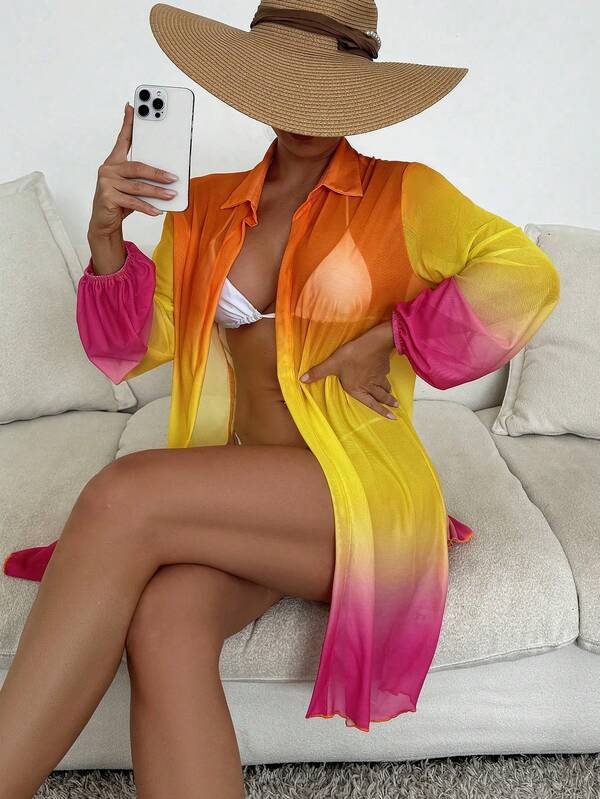 Saída De Praia Chemise Transparente Manga Longa