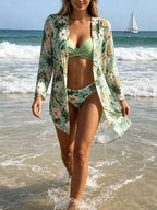 Conjunto Biquíni Top Transpassado Com Kimono Floral Resort