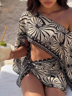 Saída De Praia Conjunto Estampado Um Ombro Só Com Pareô
