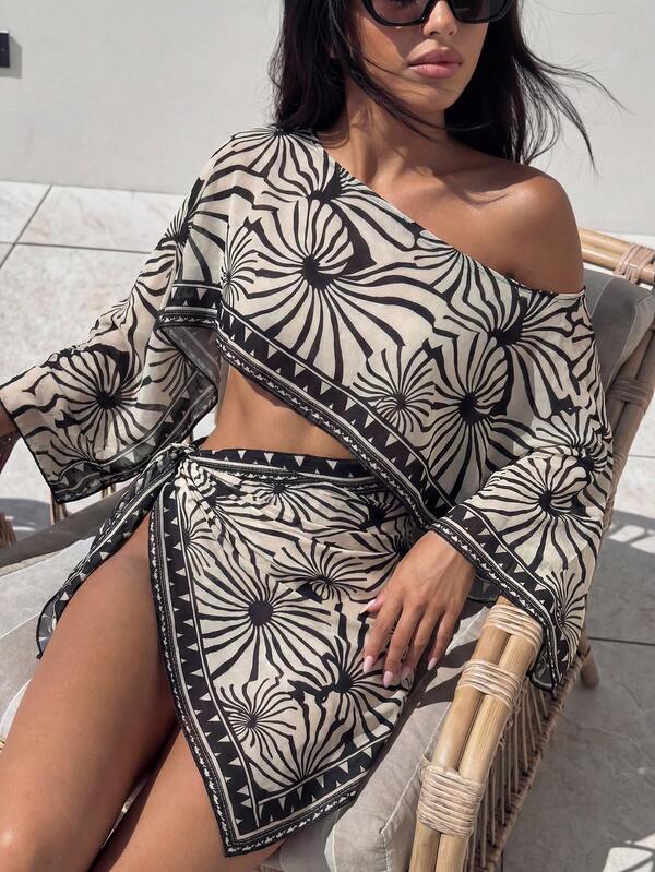 Saída De Praia Conjunto Estampado Um Ombro Só Com Pareô