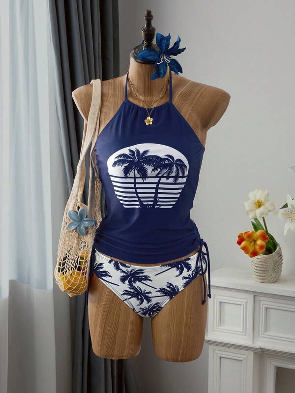 Tankini Frente Única Com Amarração Estampa Tropical