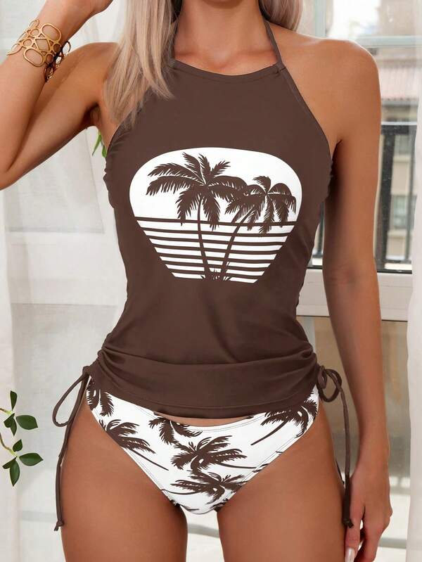 Tankini Frente Única Com Amarração Estampa Tropical