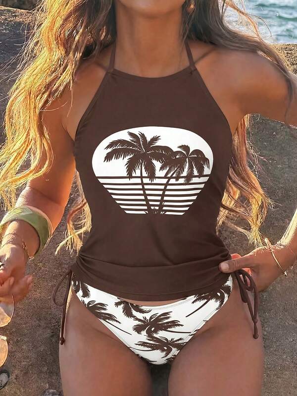 Tankini Frente Única Com Amarração Estampa Tropical