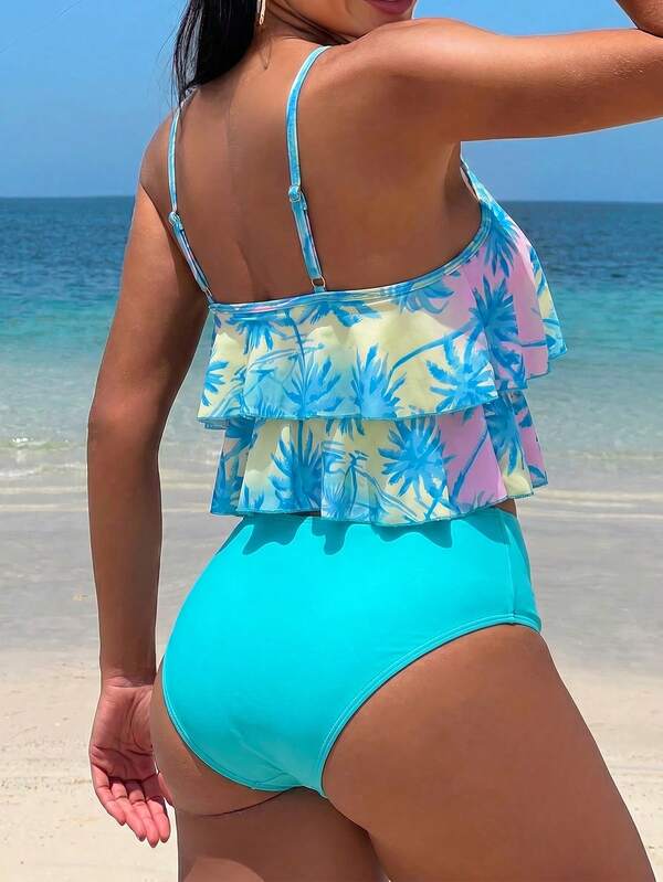 Tankini Babado Duplo Alças Ajustáveis Calcinha Estampada