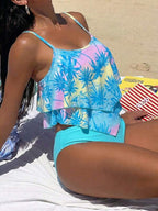 Tankini Babado Duplo Alças Ajustáveis Calcinha Estampada