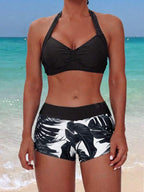 Tankini Frente Única Com Short Estampa Folhagem