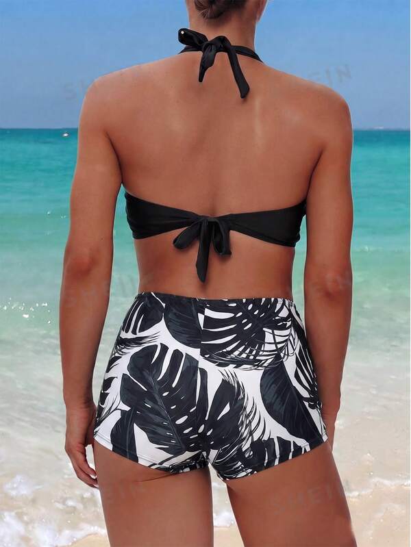 Tankini Frente Única Com Short Estampa Folhagem