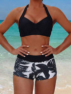 Tankini Frente Única Com Short Estampa Folhagem