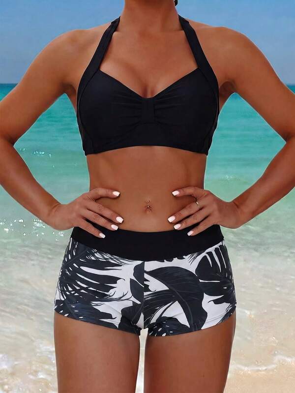 Tankini Frente Única Com Short Estampa Folhagem