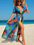 Saída De Praia Vestido Longo Estampado Com Amarração
