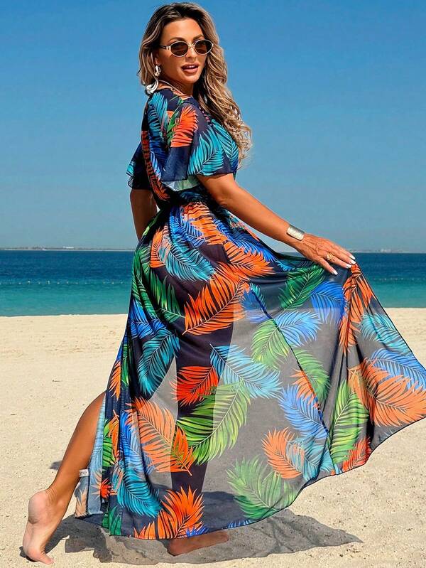 Saída De Praia Vestido Longo Estampado Com Amarração