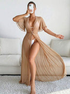 Saída De Praia Vestido Longo Transparente Com Franjas